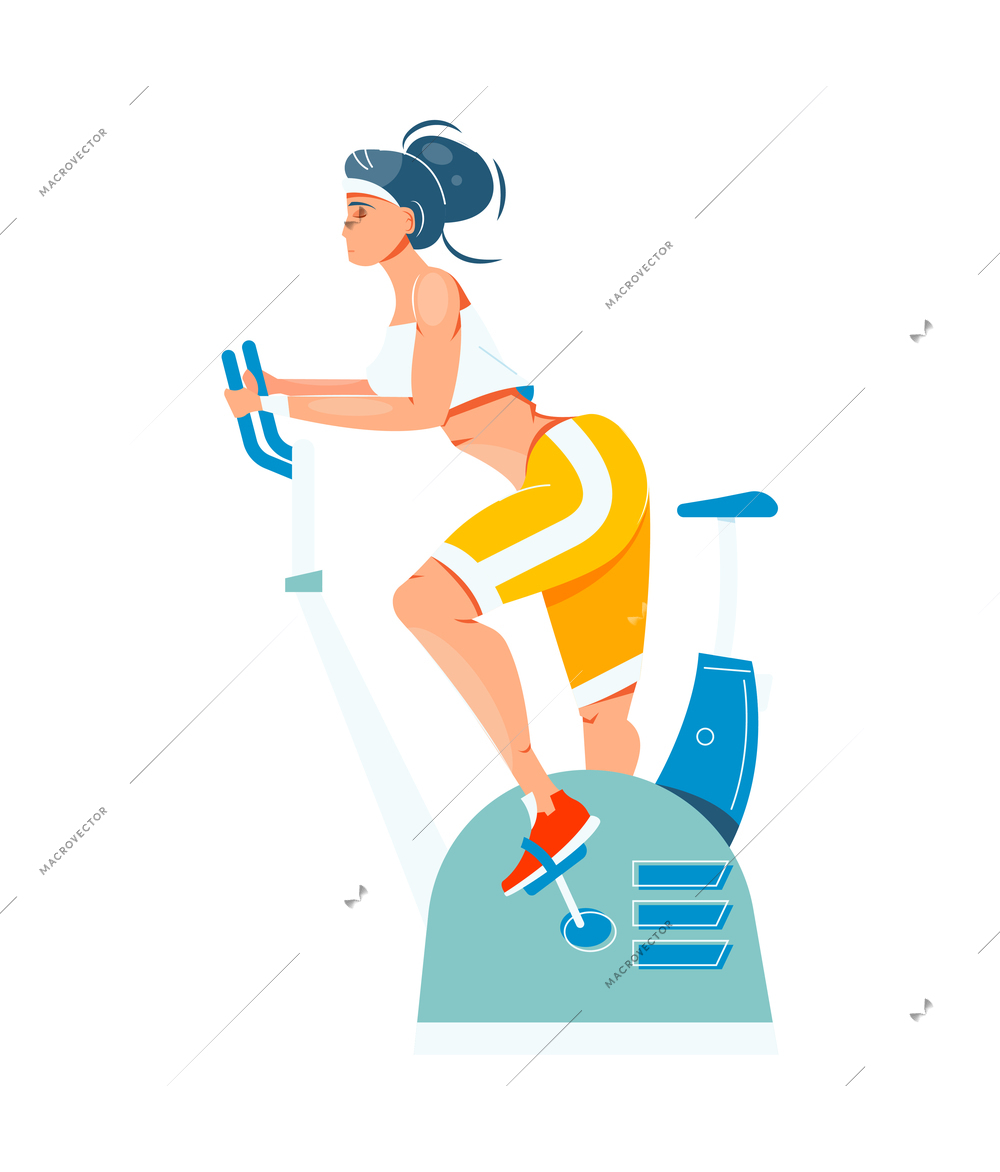 Flat icon with woman on fitness exercise bike vector illustration