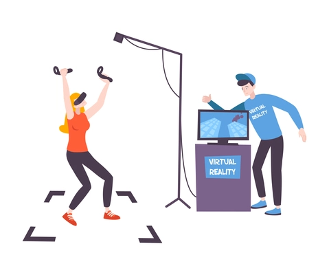 Flat icon with woman enjoying game in virtual reality glasses vector illustration