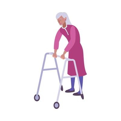 Elegant disabled senior woman with walking frame flat icon vector illustration