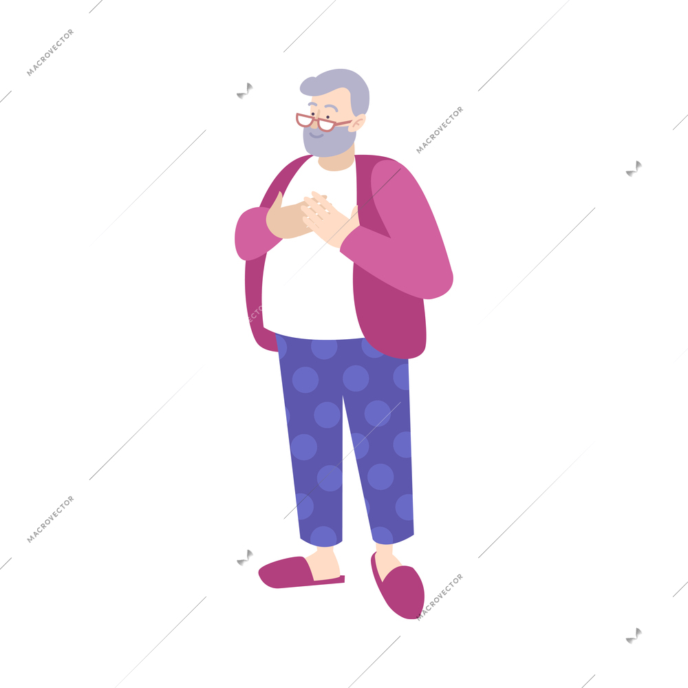 Smiling bearded overweight senior man in homewear with glasses on white background flat vector illustration