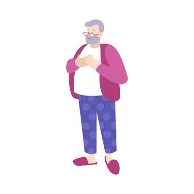 Smiling bearded overweight senior man in homewear with glasses on white background flat vector illustration