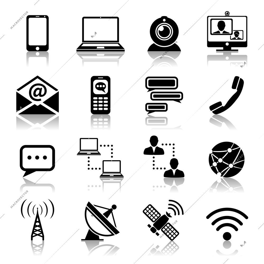 Communication media and network broadcasting icons black set isolated vector illustration