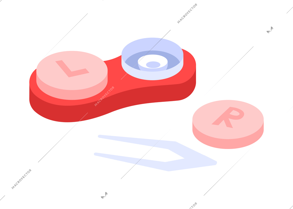 Right and left contact lens in container and tweezers flat vector illustration