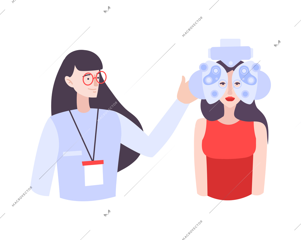 Ophthalmology flat icon with doctor and female patient during eye examination vector illustration