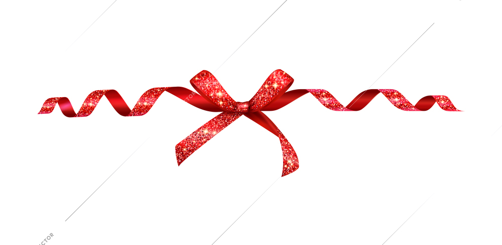 Realistic red ribbon bow with glitter party decoration on white background vector illustration