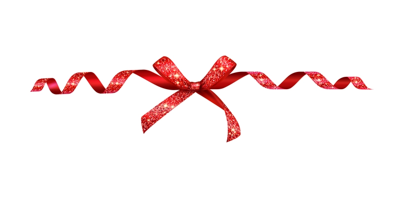 Realistic red ribbon bow with glitter party decoration on white background vector illustration