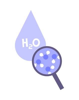 Water drop h2o molecule and magnifying glass flat vector illustration