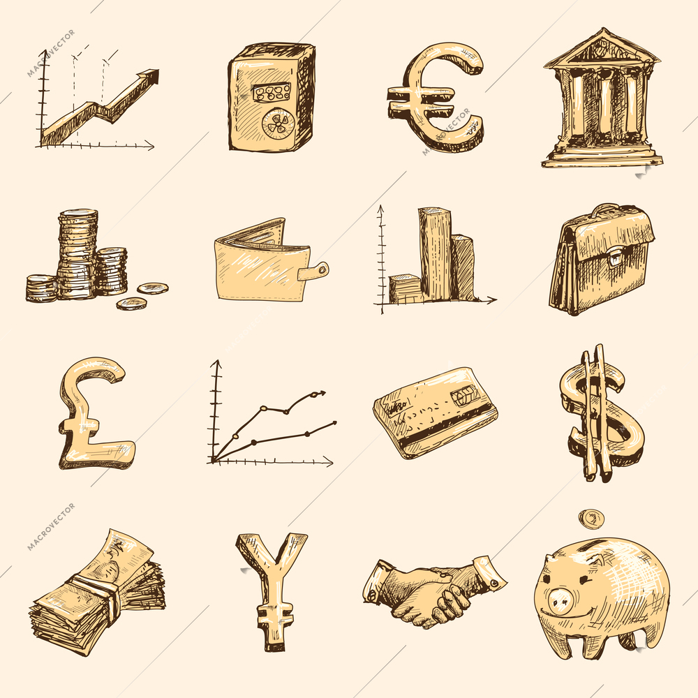 Finance banking business money exchange market trading doodle gold icons set isolated vector illustration