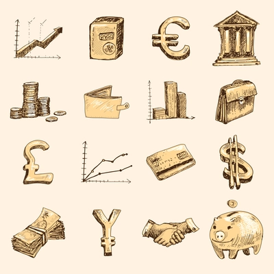 Finance banking business money exchange market trading doodle gold icons set isolated vector illustration