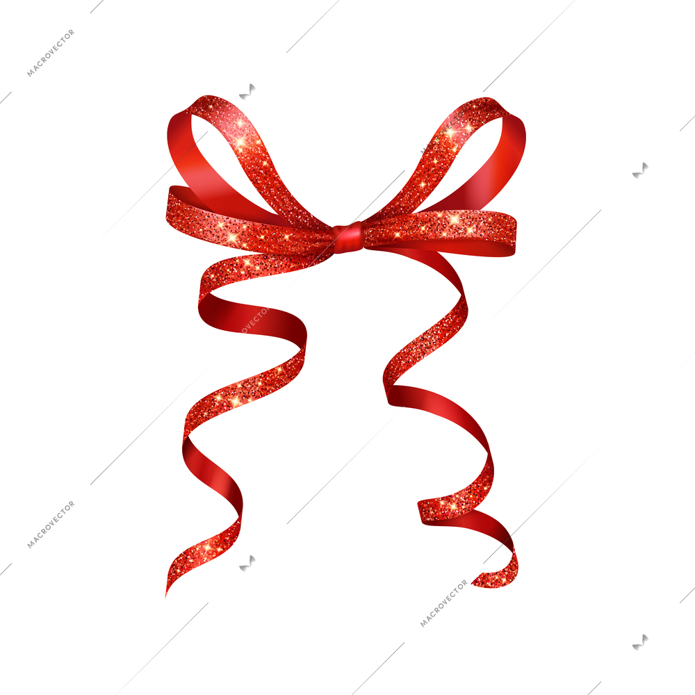 Shiny streamer bow in red color with glitter on white background realistic vector illustration