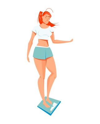 Slim woman in sportswear standing on floor scales flat vector illustration