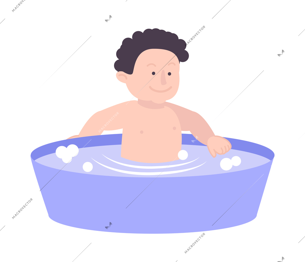 Happy baby washing in basin with water flat icon vector illustration