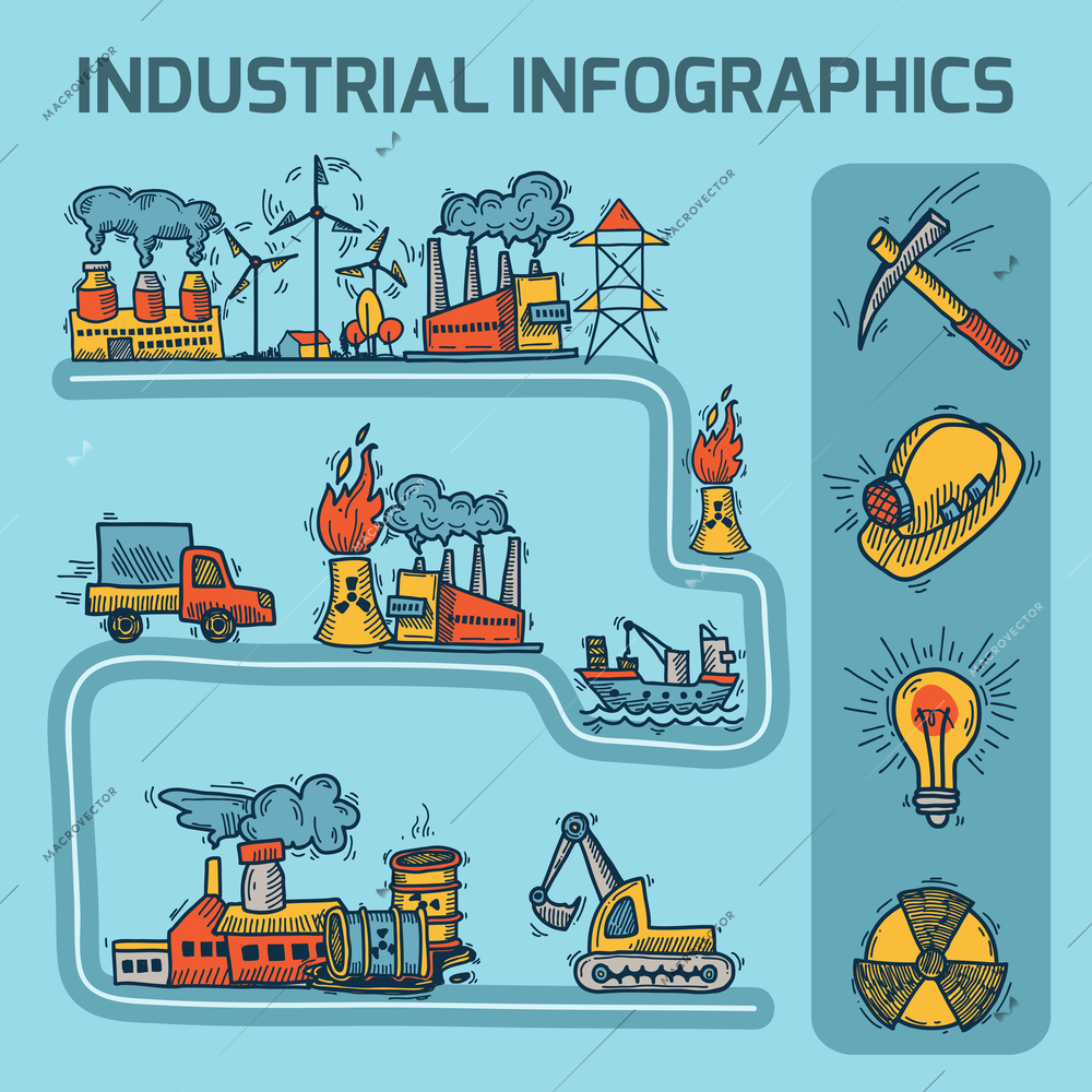 Industrial colored sketch infographic set with petrol and power industry elements vector illustration