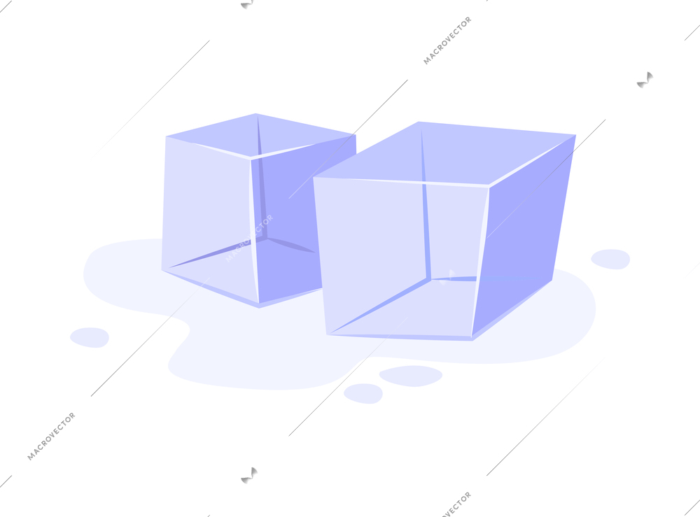 Two ice cubes with water on white background flat vector illustration