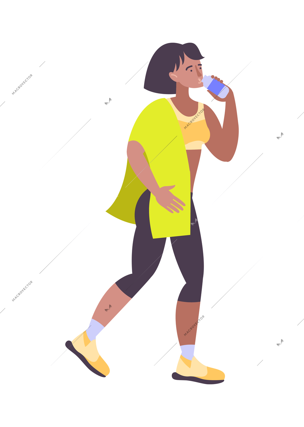 Woman drinking water from bottle after sport workout flat vector illustration