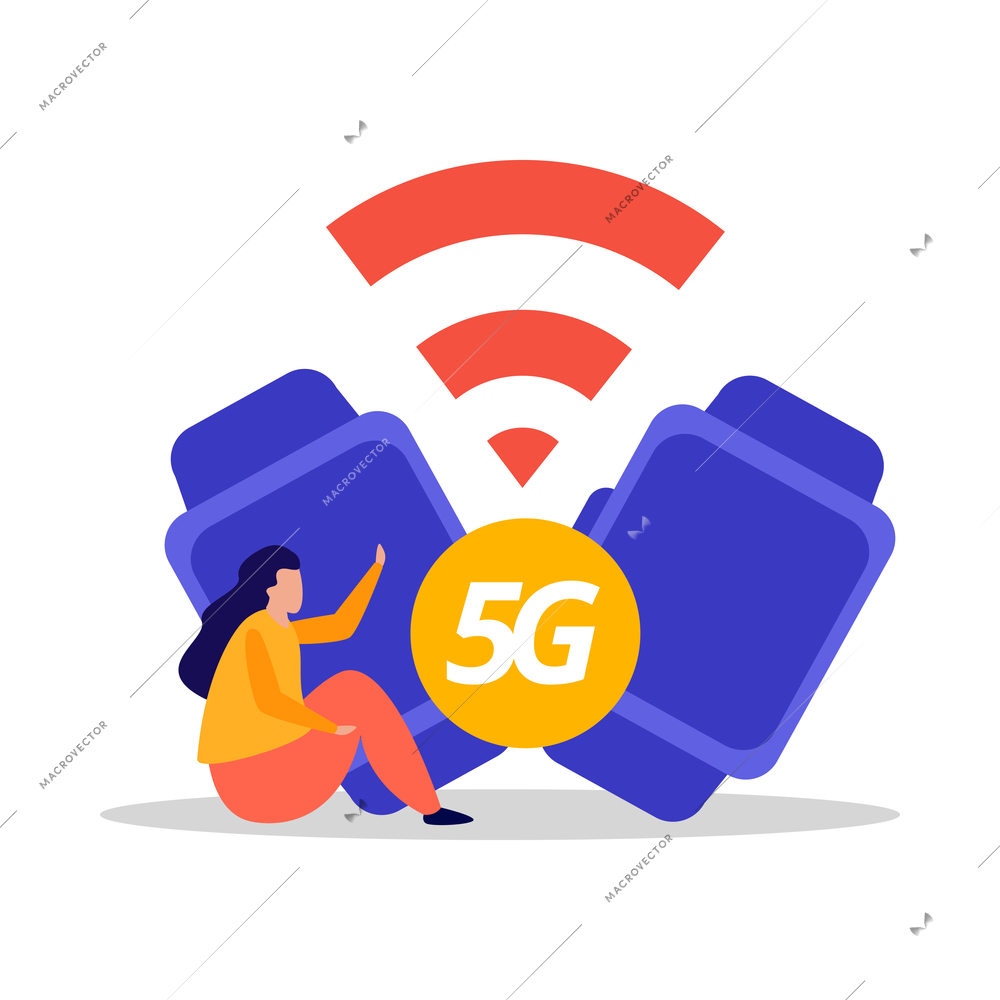 5g internet network wireless technology flat color icon with human character and gadgets vector illustration