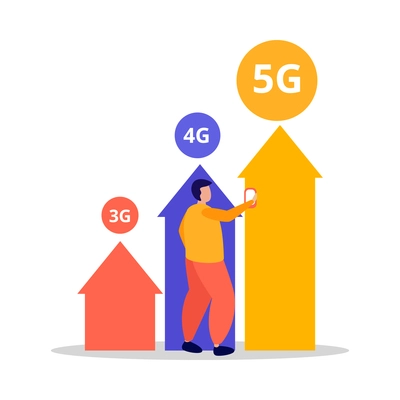 High speed 5g internet flat concept icon with human character and colorful arrows vector illustration