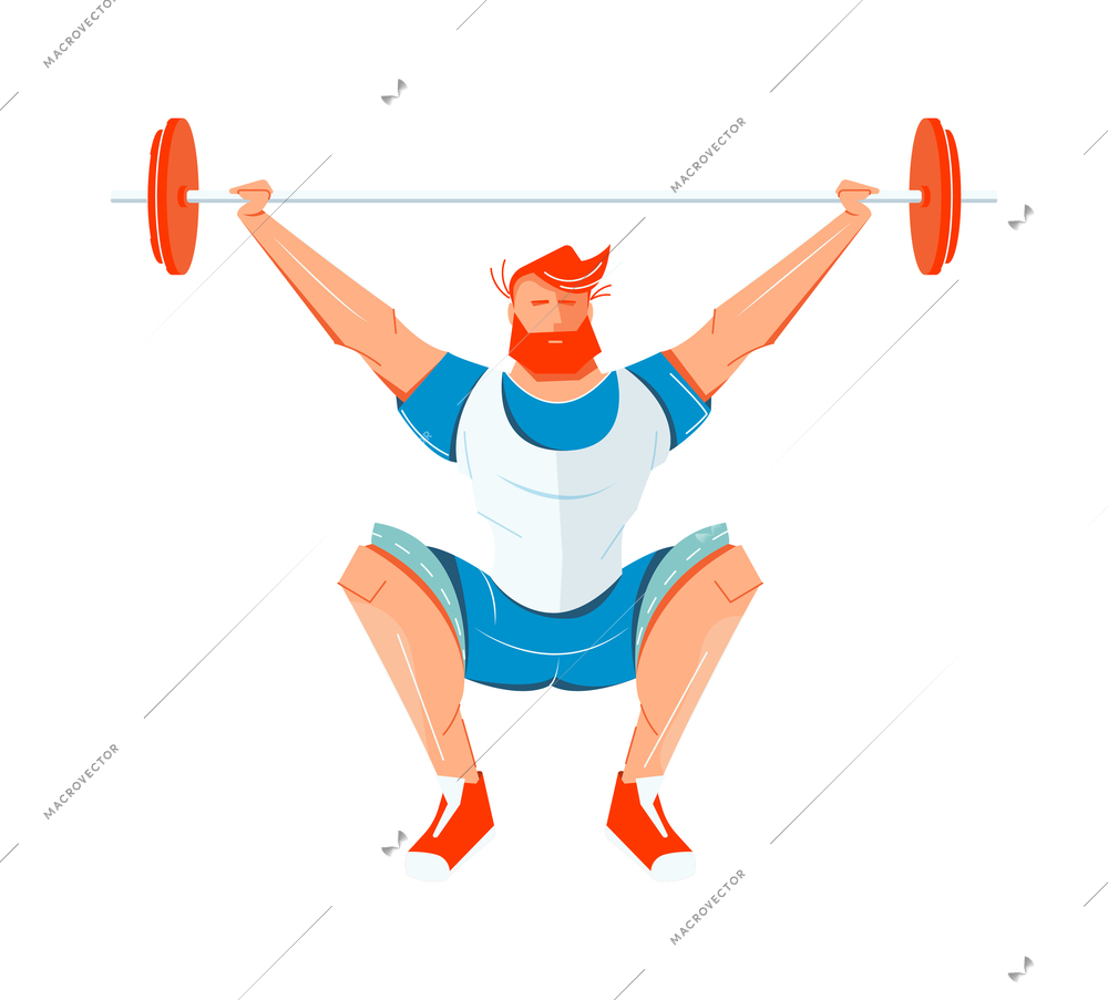 Fitness weightlifting flat icon with man doing squats with barbell vector illustration