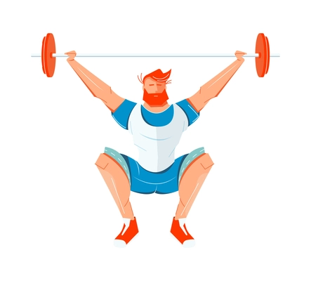 Fitness weightlifting flat icon with man doing squats with barbell vector illustration