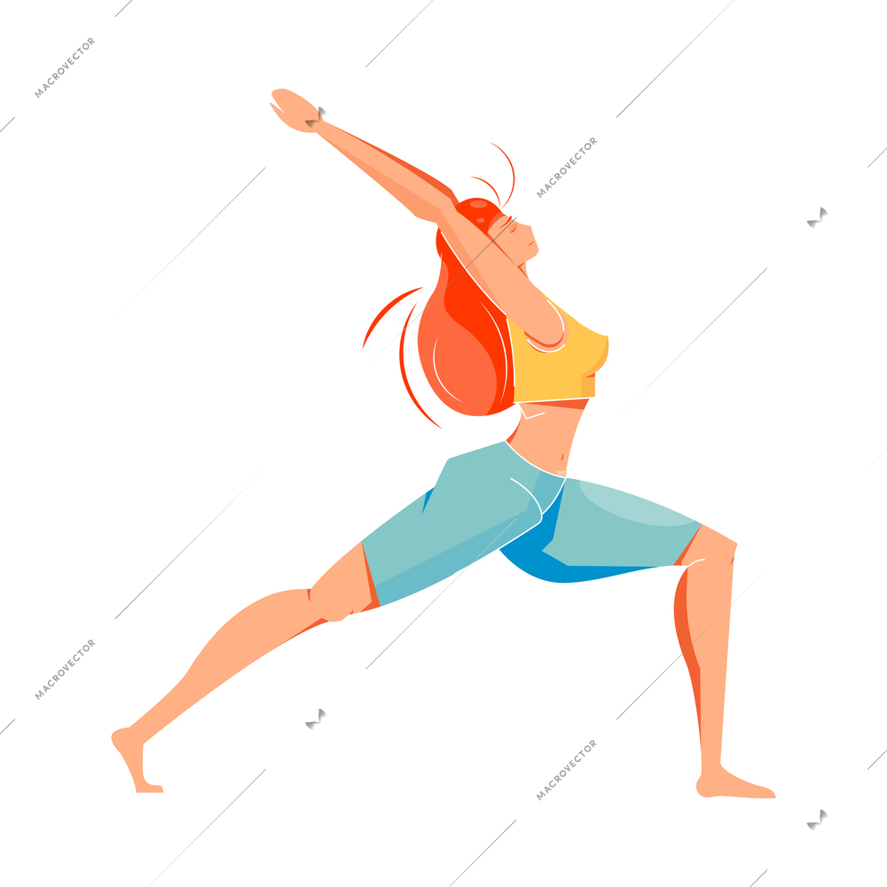 Woman practicing warrior one yoga position flat icon vector illustration