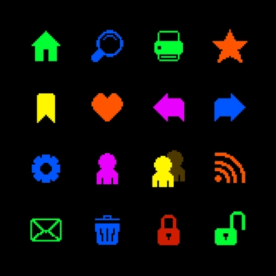 Colored pixel icons set for website of home search print favorites isolated vector illustration