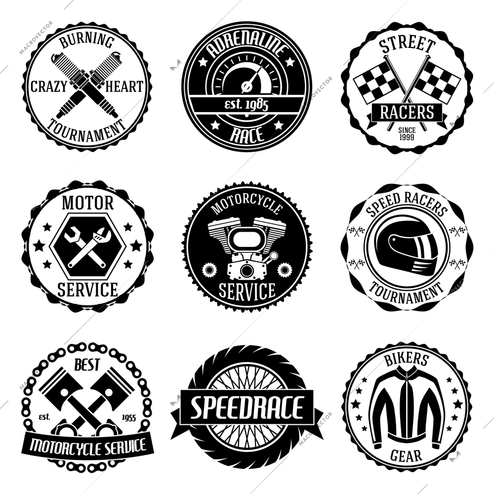 Motorcycle racing tournament motor service emblems black set isolated vector illustration