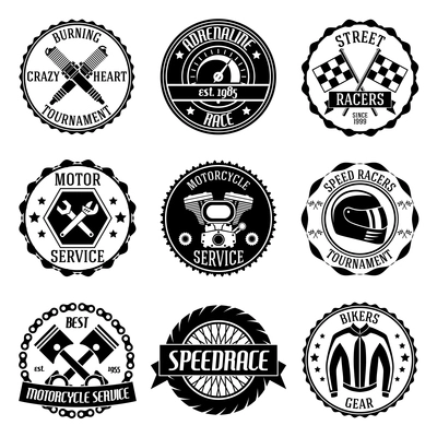 Motorcycle racing tournament motor service emblems black set isolated vector illustration