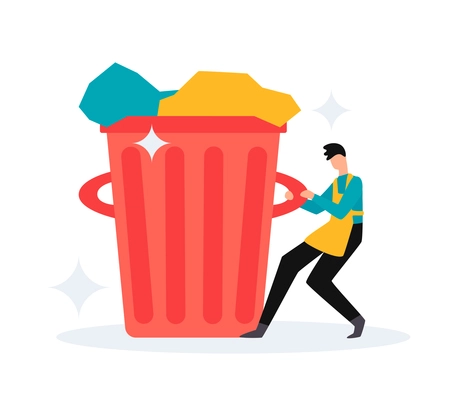 Cleaning service flat icon with male character in uniform pulling big trash bin vector illustration