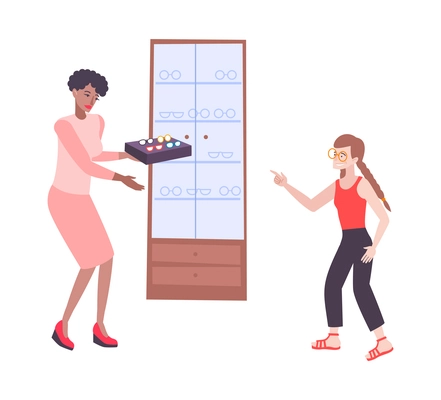 Girl choosing glasses in optics store flat vector illustration