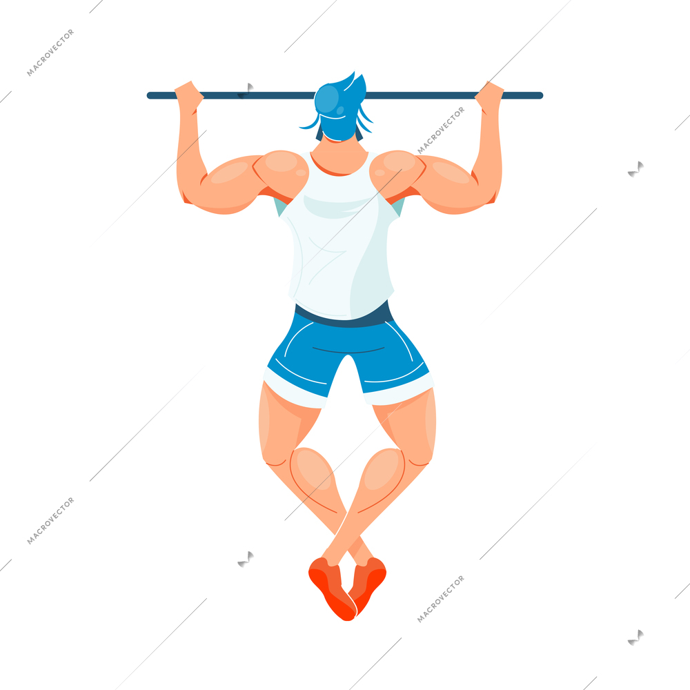 Flat icon with back view of man doing pull ups vector illustration