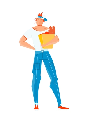 Sporty man holding paper bag with food flat icon vector illustration
