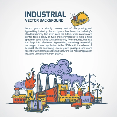 Industrial colored sketch background template set with factory pipes truck and title vector illustration