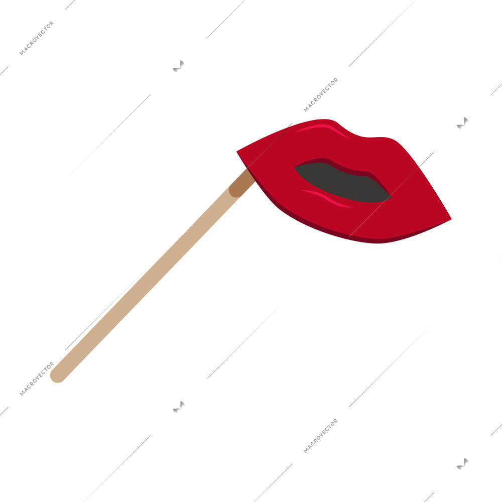Flat photo booth props with red female lips on stick vector illustration