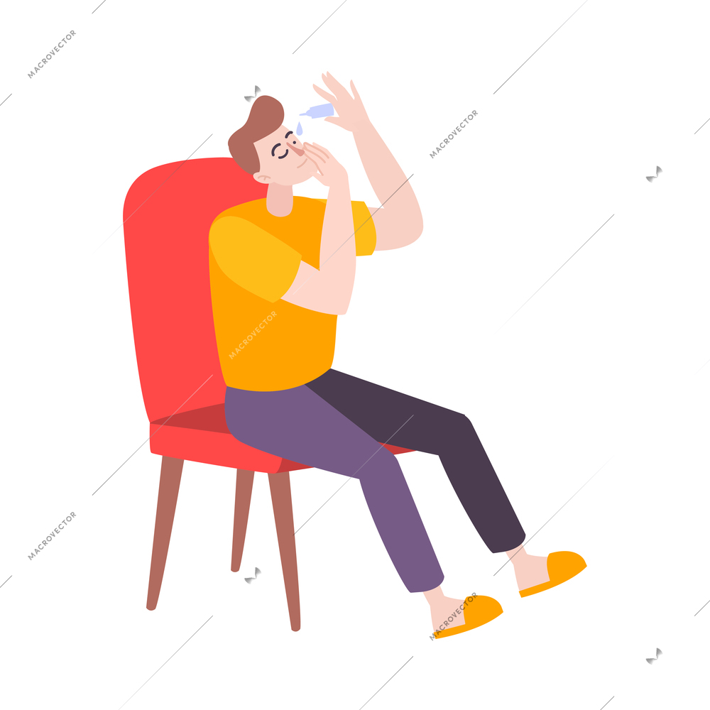 Male sitting in armchair and using eye drops flat vector illustration