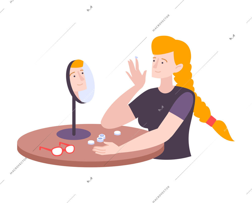 Young woman putting on contact lens in front of mirror flat vector illustration