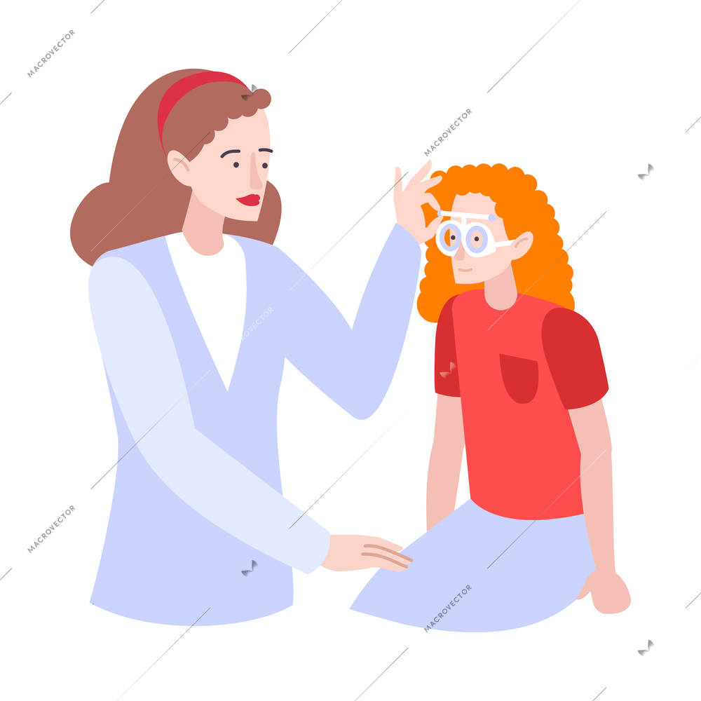 Ophthalmologist checking girls vision on clinic flat vector illustration