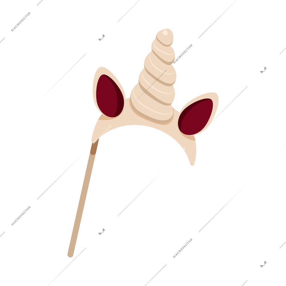 Photo booth props accessory with unicorn horn and ears on stick flat vector illustration