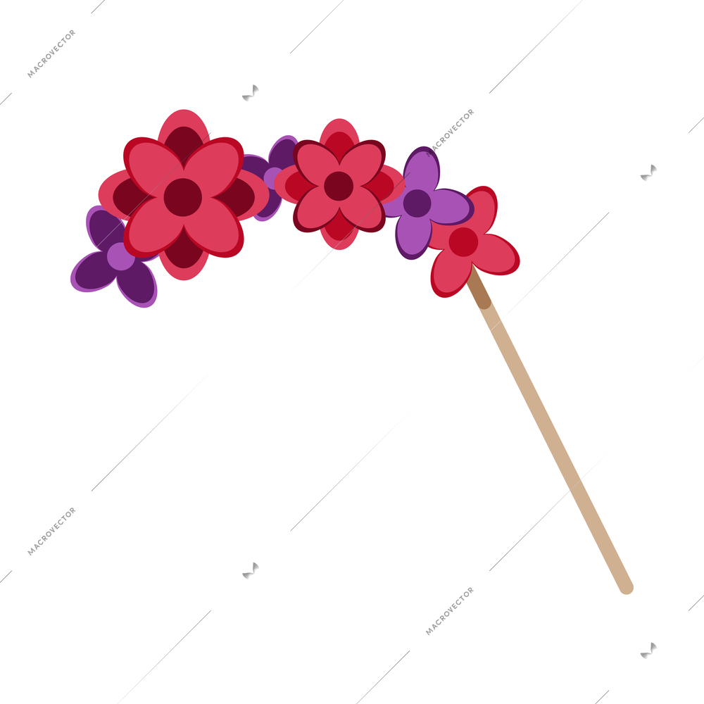 Photo booth props accessory with flowers head decoration on stick flat vector illustration