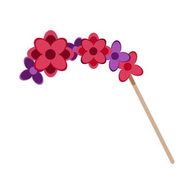 Photo booth props accessory with flowers head decoration on stick flat vector illustration