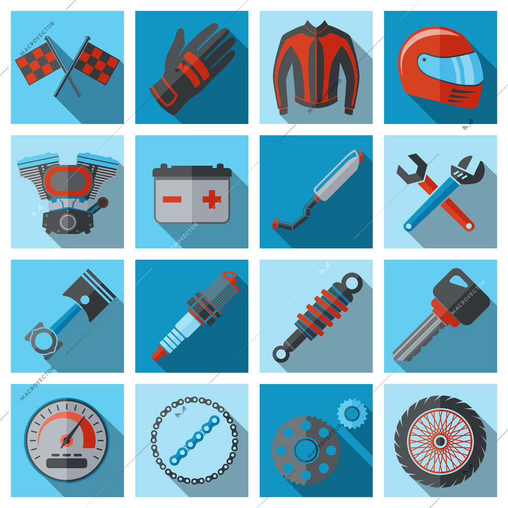 Motorcycle parts flat icon set with vehicle engine key spanner wrench isolated vector illustration