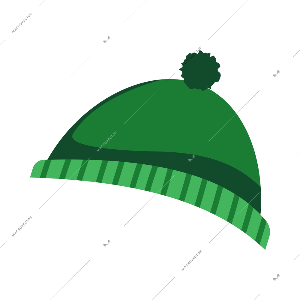 Green woolen bobble hat on white background flat vector illustration