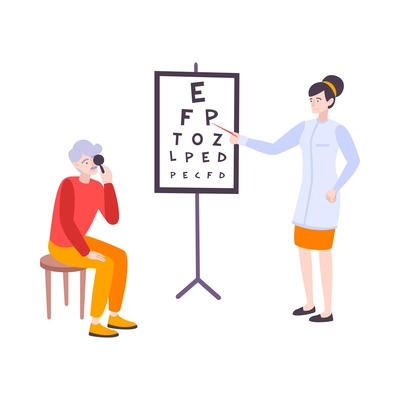 Senior man having eye test at ophthalmologist office flat vector illustration