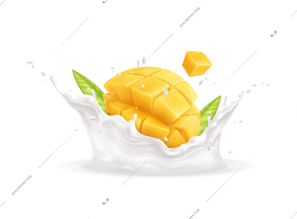 Fresh sliced mango in yogurt on milk splashes realistic vector illustration