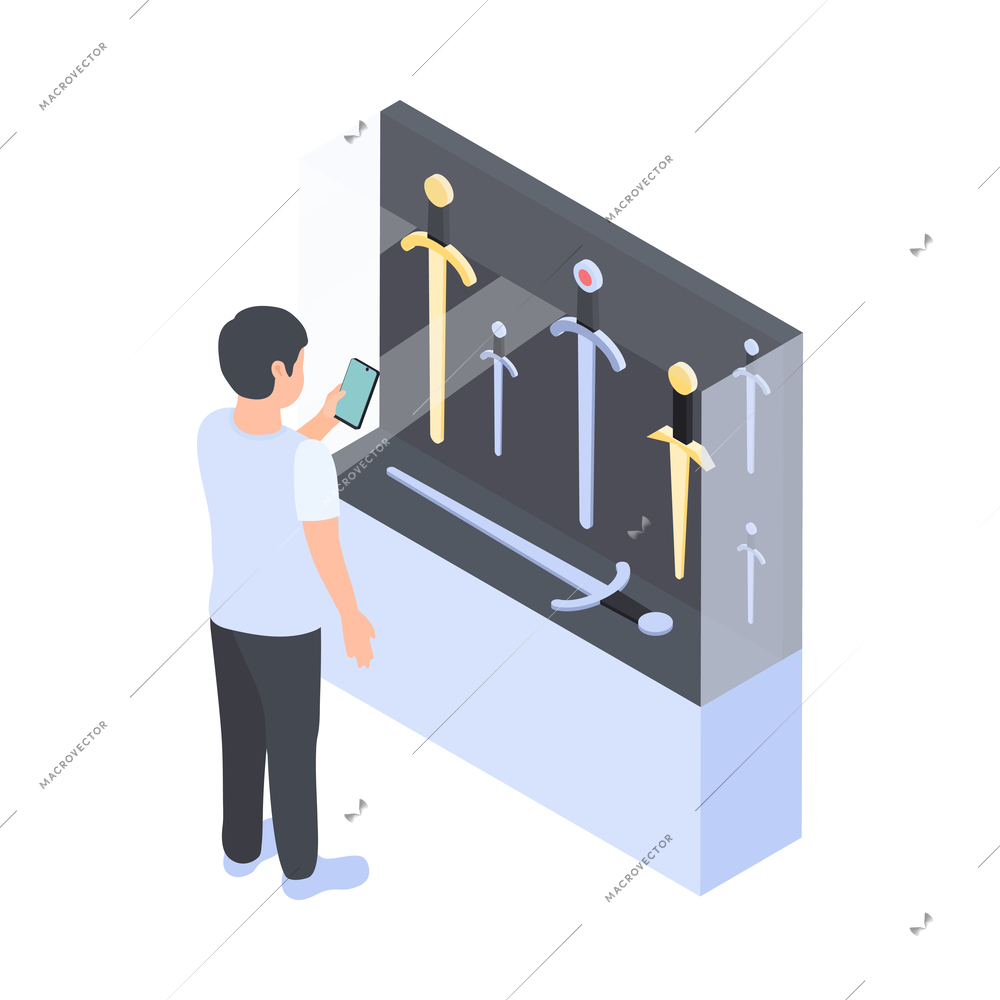 Modern museum icon with man watching exhibited swords with smartphone isometric vector illustration