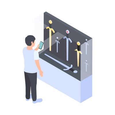 Modern museum icon with man watching exhibited swords with smartphone isometric vector illustration