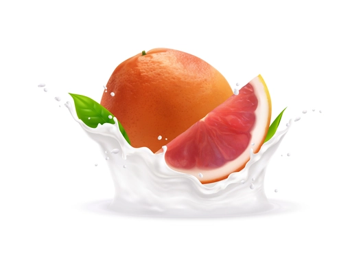 Fresh grapefruit in milk yogurt cream splashes realistic vector illustration