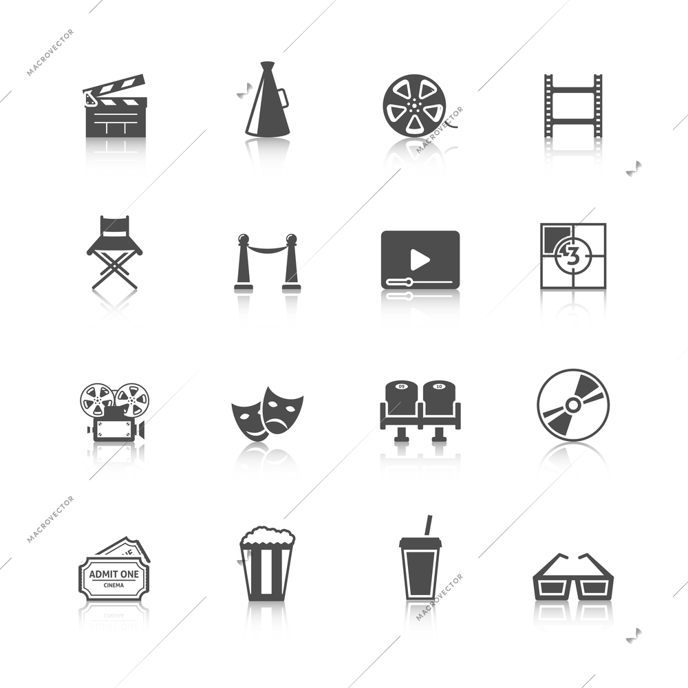 Cinema black retro icons set with movie theater refreshment drinks entry tickets camera black  isolated vector illustration