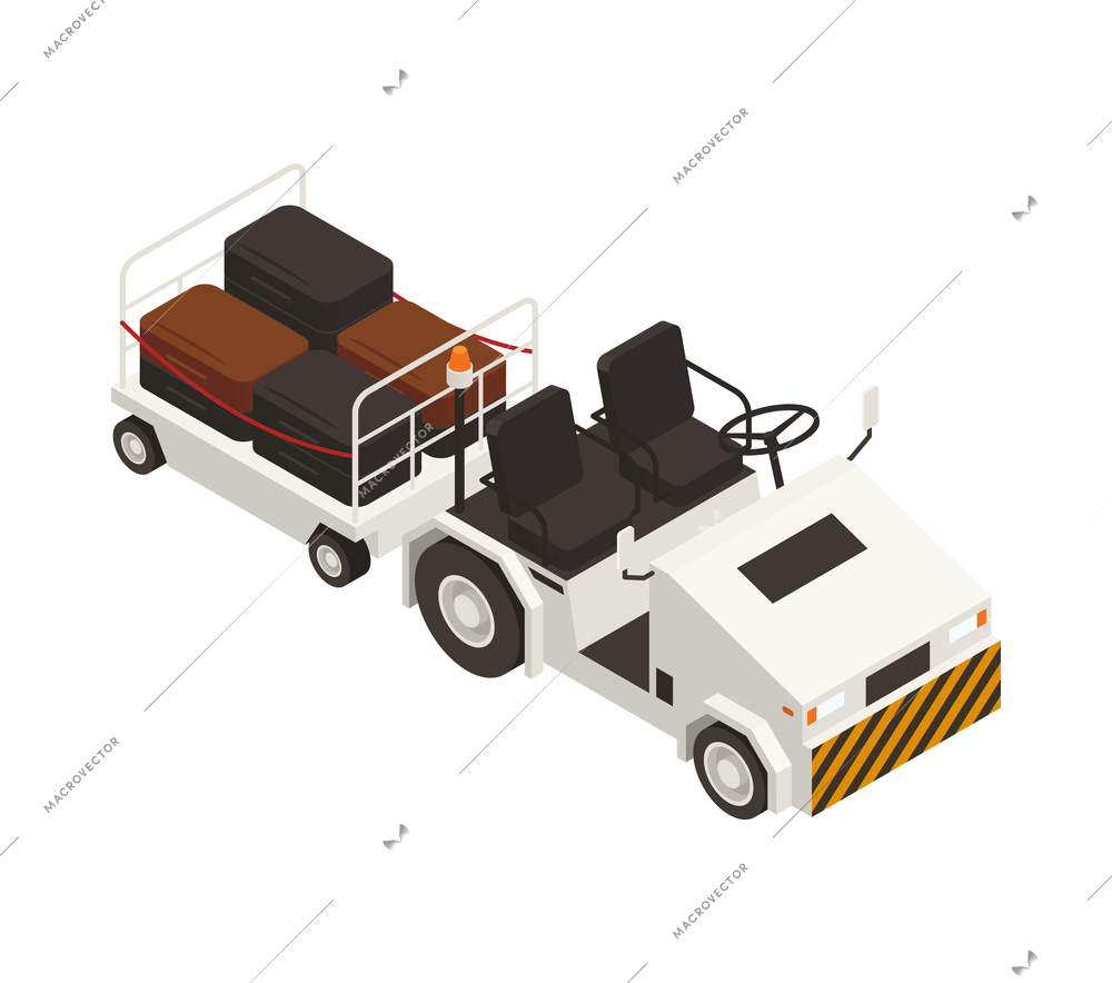 Airport luggage towing truck isometric icon on white background 3d vector illustration