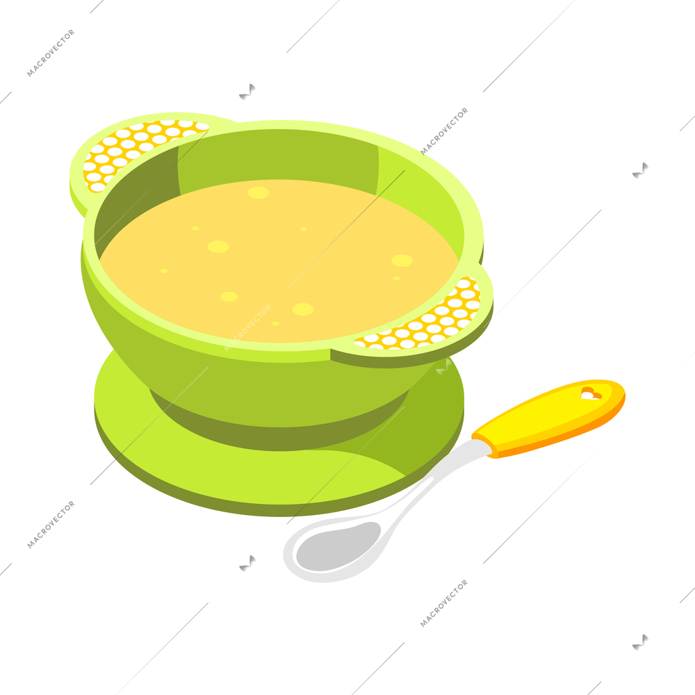 Baby food isometric icon with green bowl of puree or soup and spoon 3d vector illustration