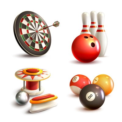 Game realistic icons set with bowling pinball billiard darts isolated vector illustration